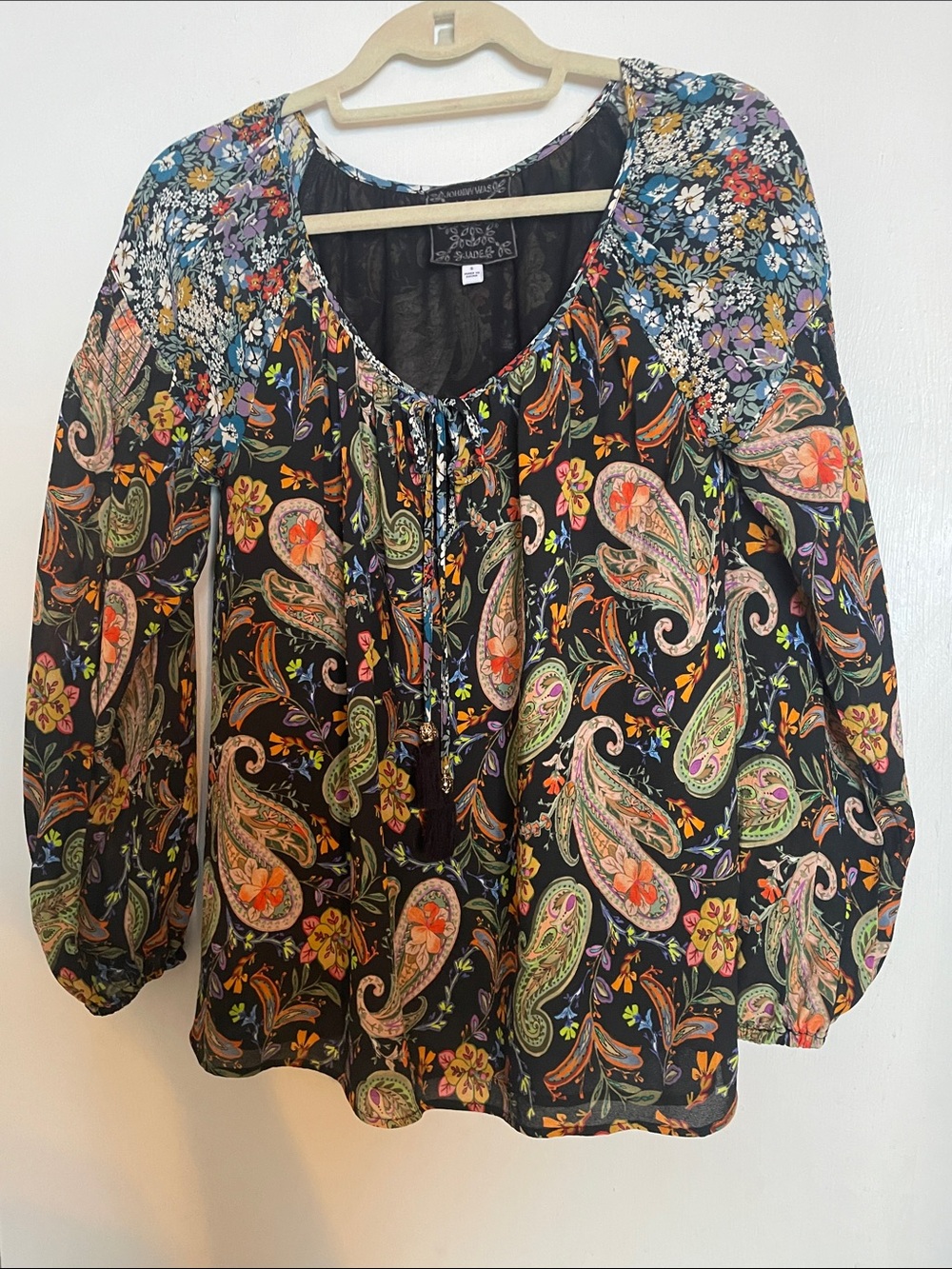 Johnny Was Black Paisley Floral Tie-Neck Blouse